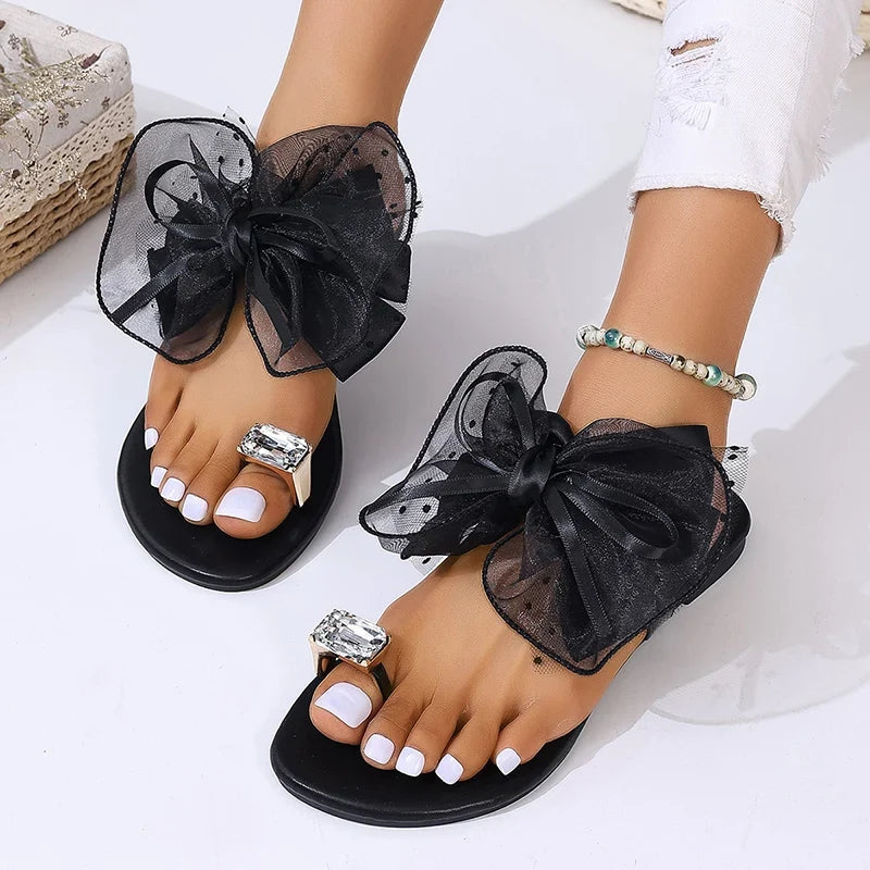 Oversized Organza Bow Platform Thong Sandals