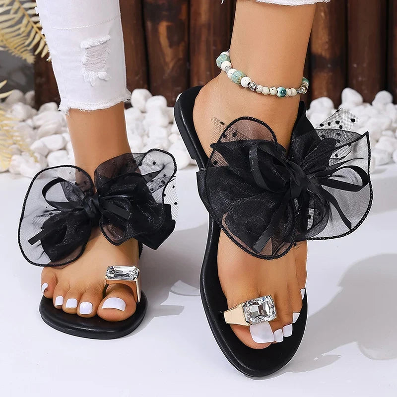 Oversized Organza Bow Platform Thong Sandals