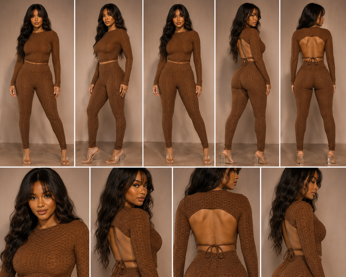 Honeycomb Open Back Leggings Set – Textured 2 Piece Outfit