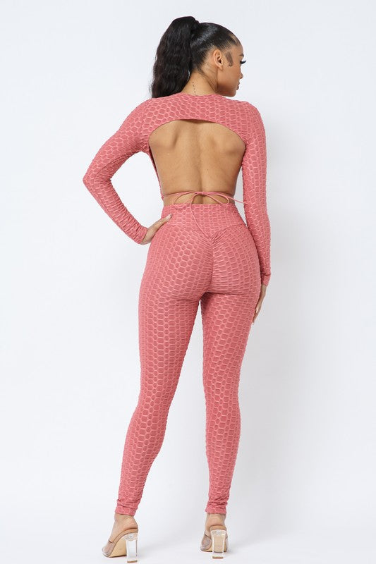 Honeycomb Open Back Leggings Set – Textured 2 Piece Outfit