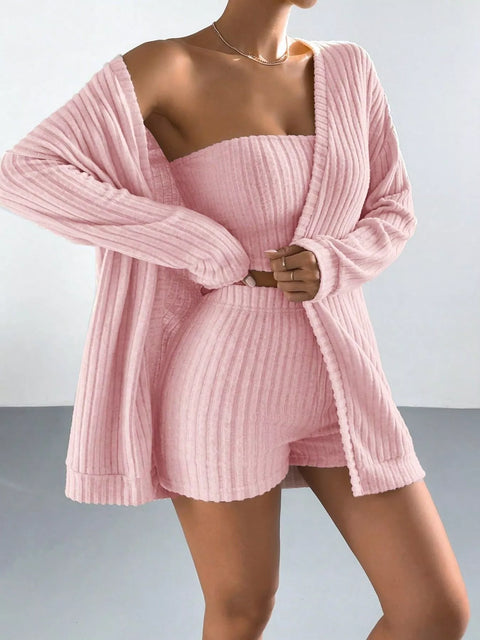 3-Piece Ribbed Knit Cardigan & Tube Top and Shorts Set