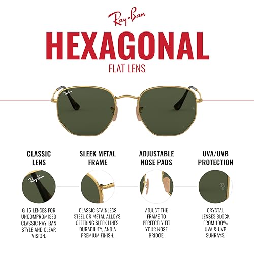 Ray-Ban Unisex RB3548N Hexagonal Flat Lens Hexagonal Sunglasses, Gold/G-15 Green, 54 mmRay-Ban Unisex RB3548N Hexagonal Flat Lens Hexagonal Sunglasses, Gold/G-15 Green, 54…
