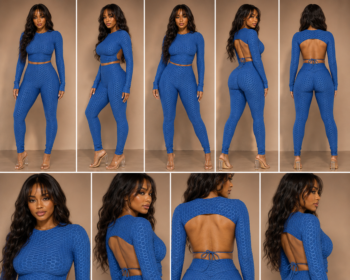 Honeycomb Open Back Leggings Set – Textured 2 Piece Outfit
