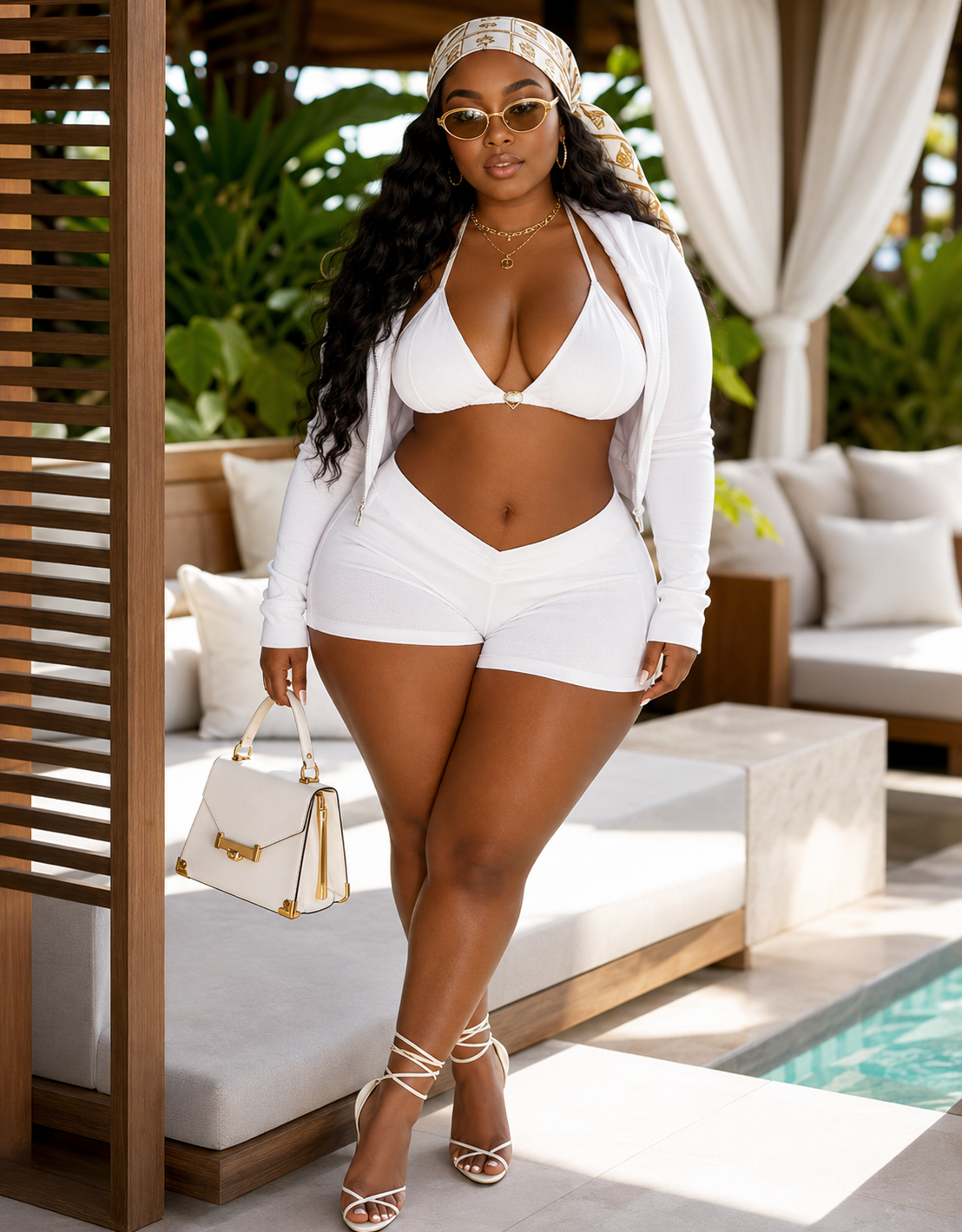 Heartline 3-Piece Halter Bra, Zip Hoodie & Shorts Set