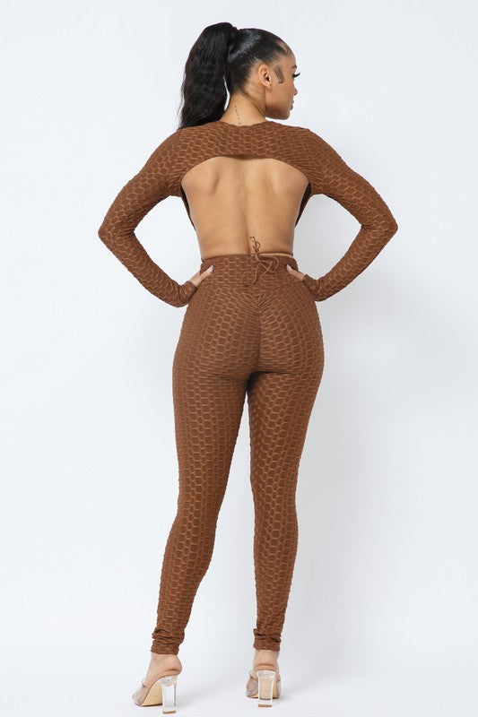 Honeycomb Open Back Leggings Set – Textured 2 Piece Outfit