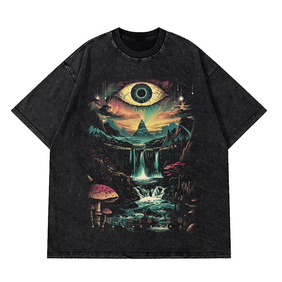 Vintage Washed Cotton Dark Fantasy Forest Eye Graphic T-Shirt-0