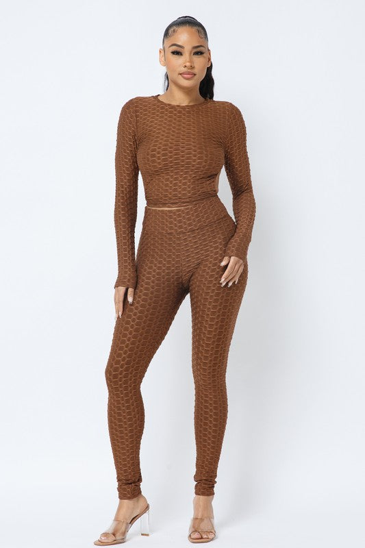 Honeycomb Open Back Leggings Set – Textured 2 Piece Outfit