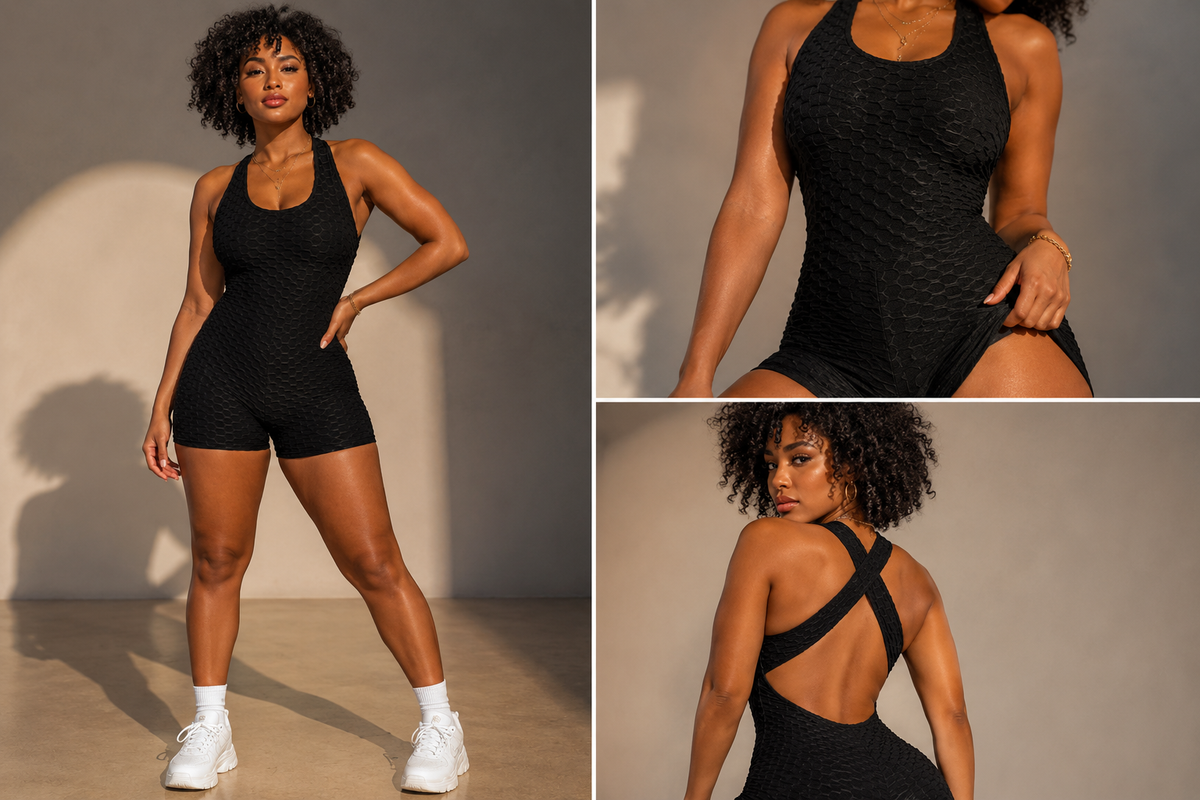 Textured Sculpt Cross Back Romper – Active Bodycon One Piece