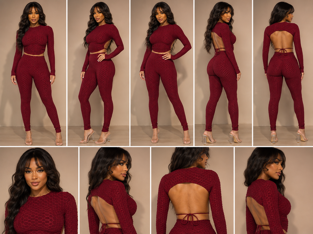 Honeycomb Open Back Leggings Set – Textured 2 Piece Outfit