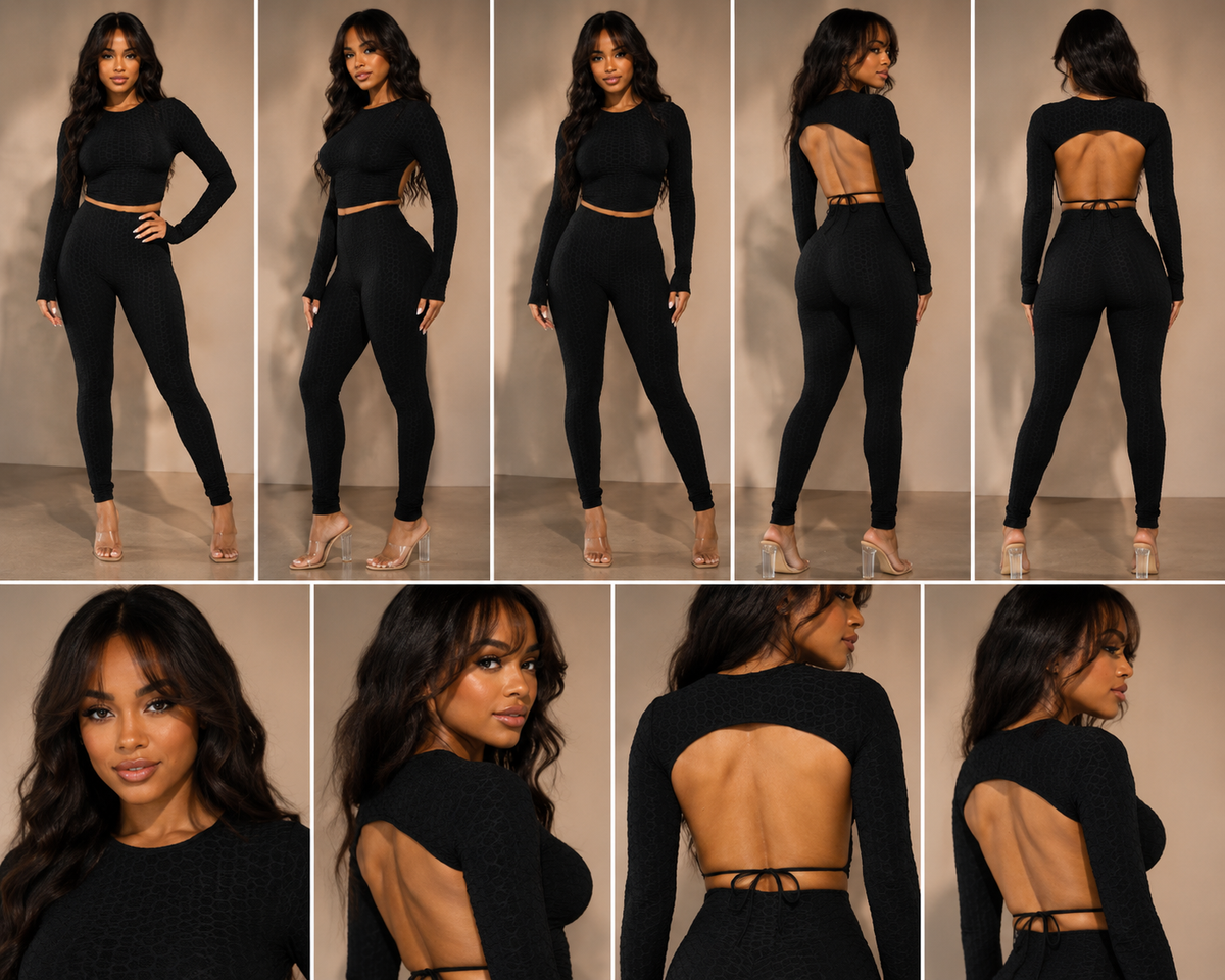 Honeycomb Open Back Leggings Set – Textured 2 Piece Outfit