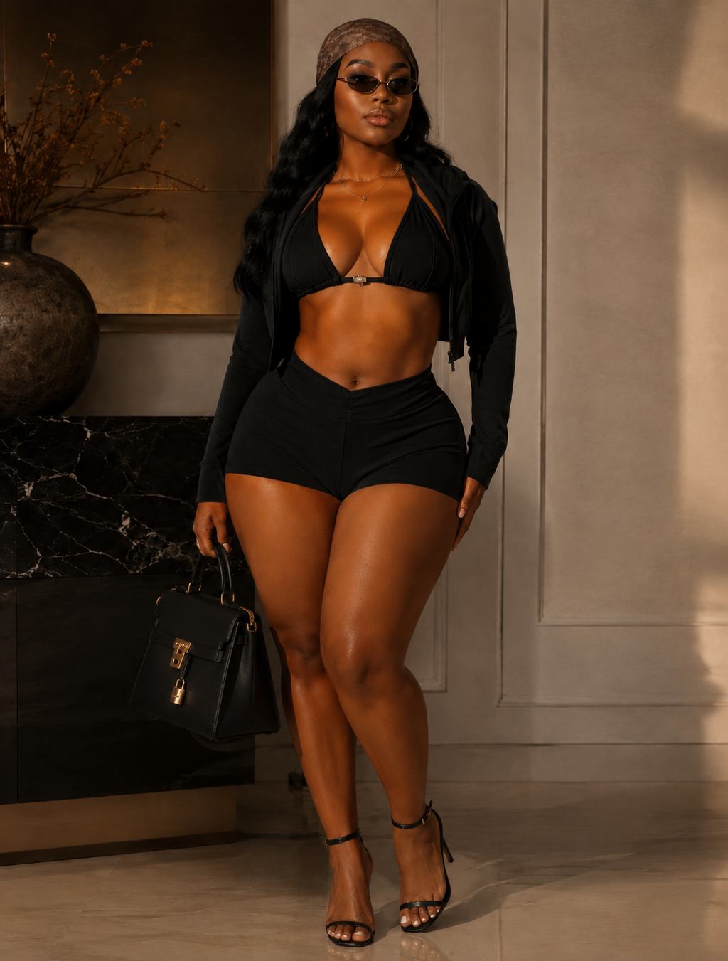 Heartline 3-Piece Halter Bra, Zip Hoodie & Shorts Set