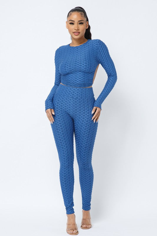 Honeycomb Open Back Leggings Set – Textured 2 Piece Outfit