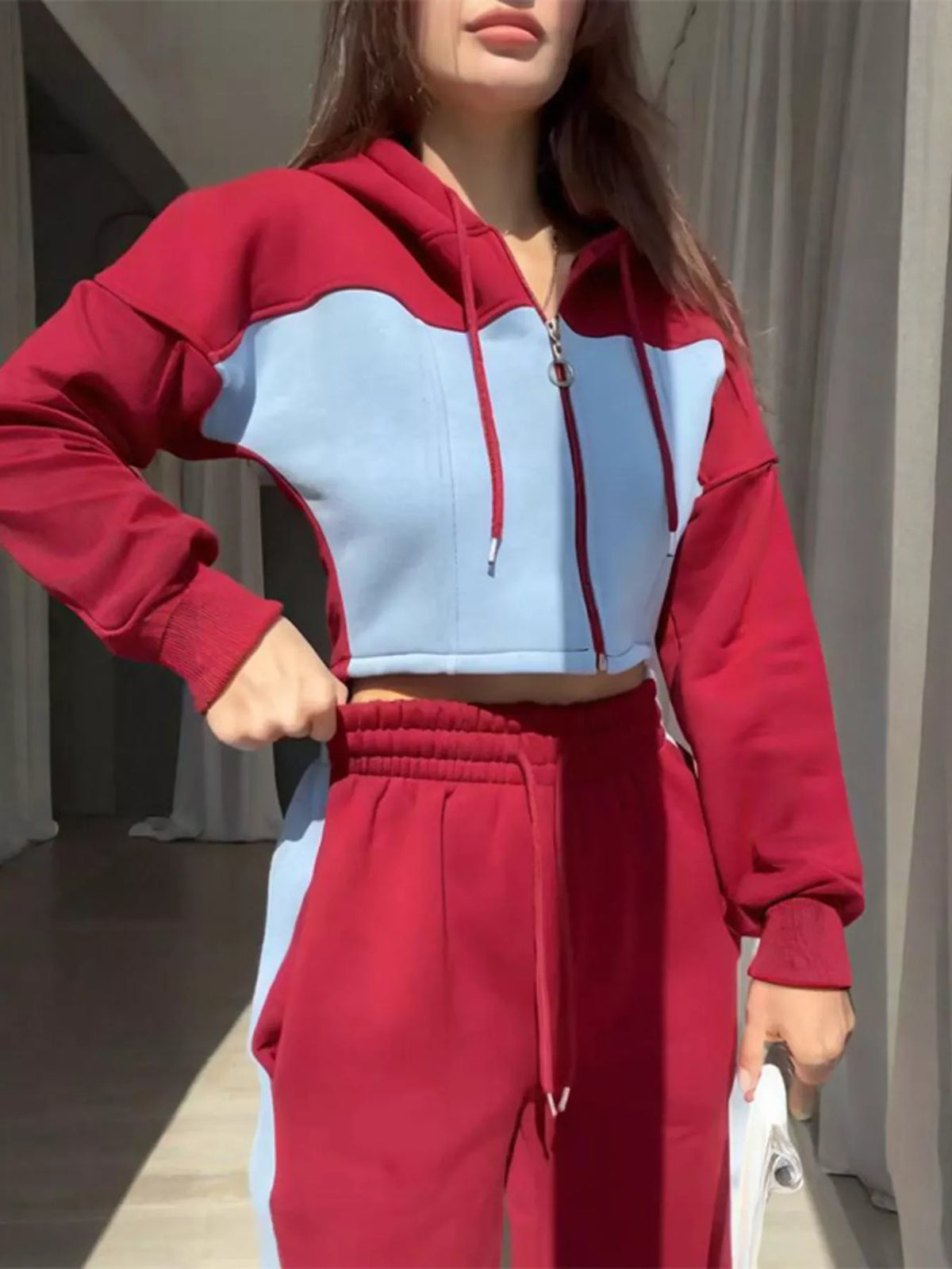 Color-Block Zip-Up Crop Hoodie and Joggers Set