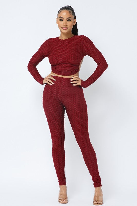 Honeycomb Open Back Leggings Set – Textured 2 Piece Outfit