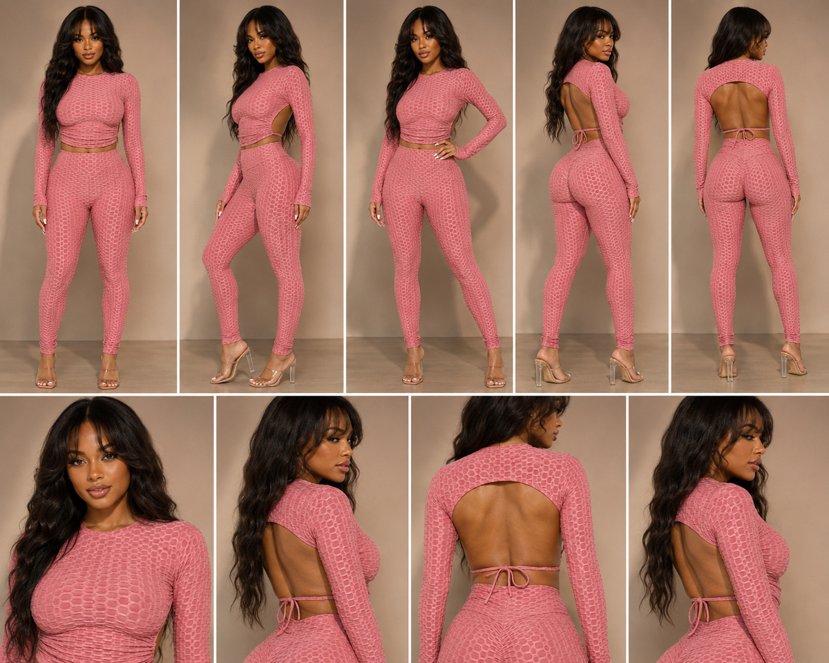 Honeycomb Open Back Leggings Set – Textured 2 Piece Outfit