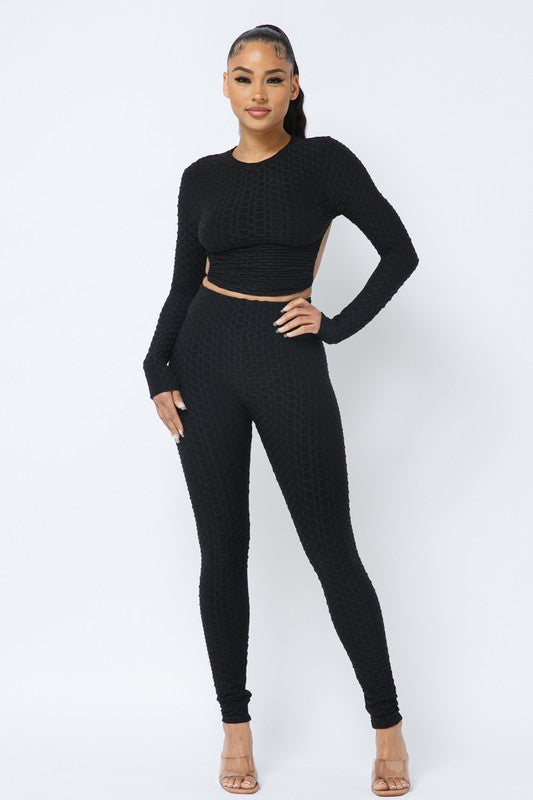 Honeycomb Open Back Leggings Set – Textured 2 Piece Outfit