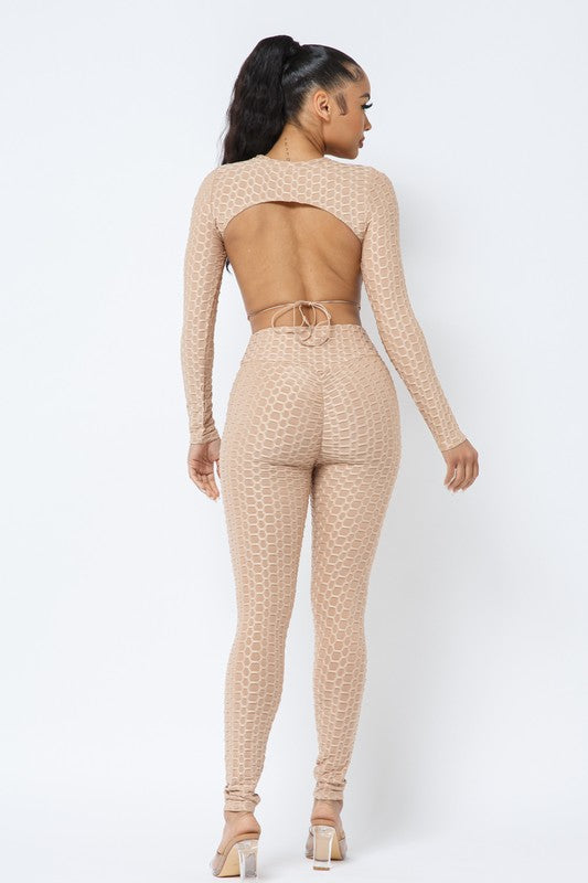 Honeycomb Open Back Leggings Set – Textured 2 Piece Outfit
