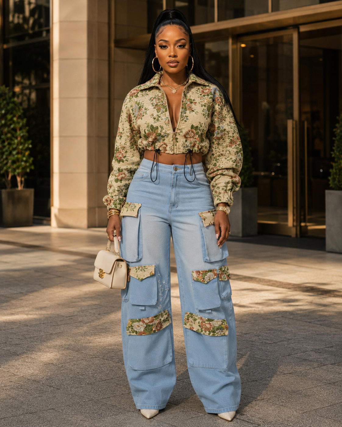 Floral Bomber Crop Jacket & Cargo Patchwork Wide-Leg Jean Set
