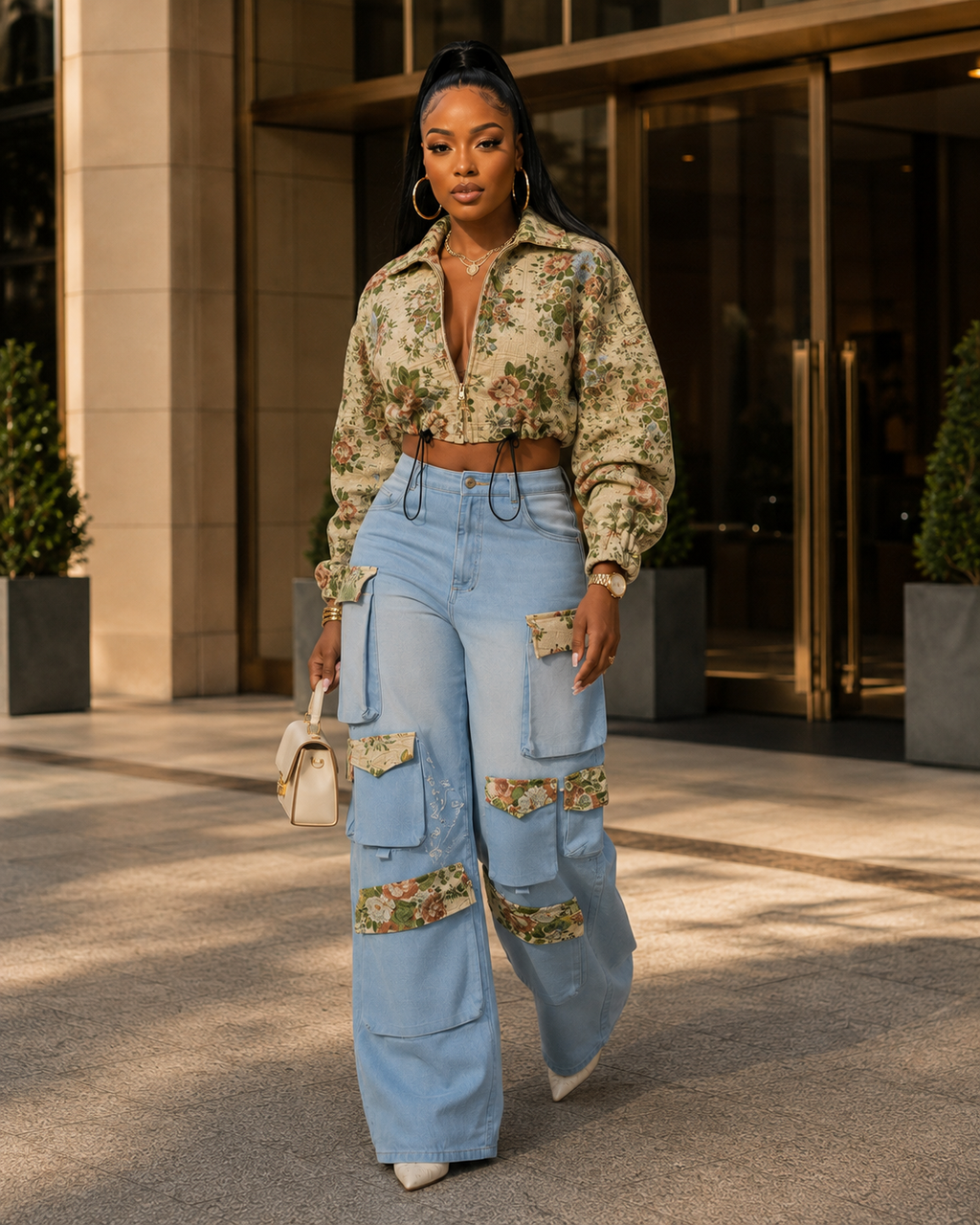 Floral Bomber Crop Jacket & Cargo Patchwork Wide-Leg Jean Set
