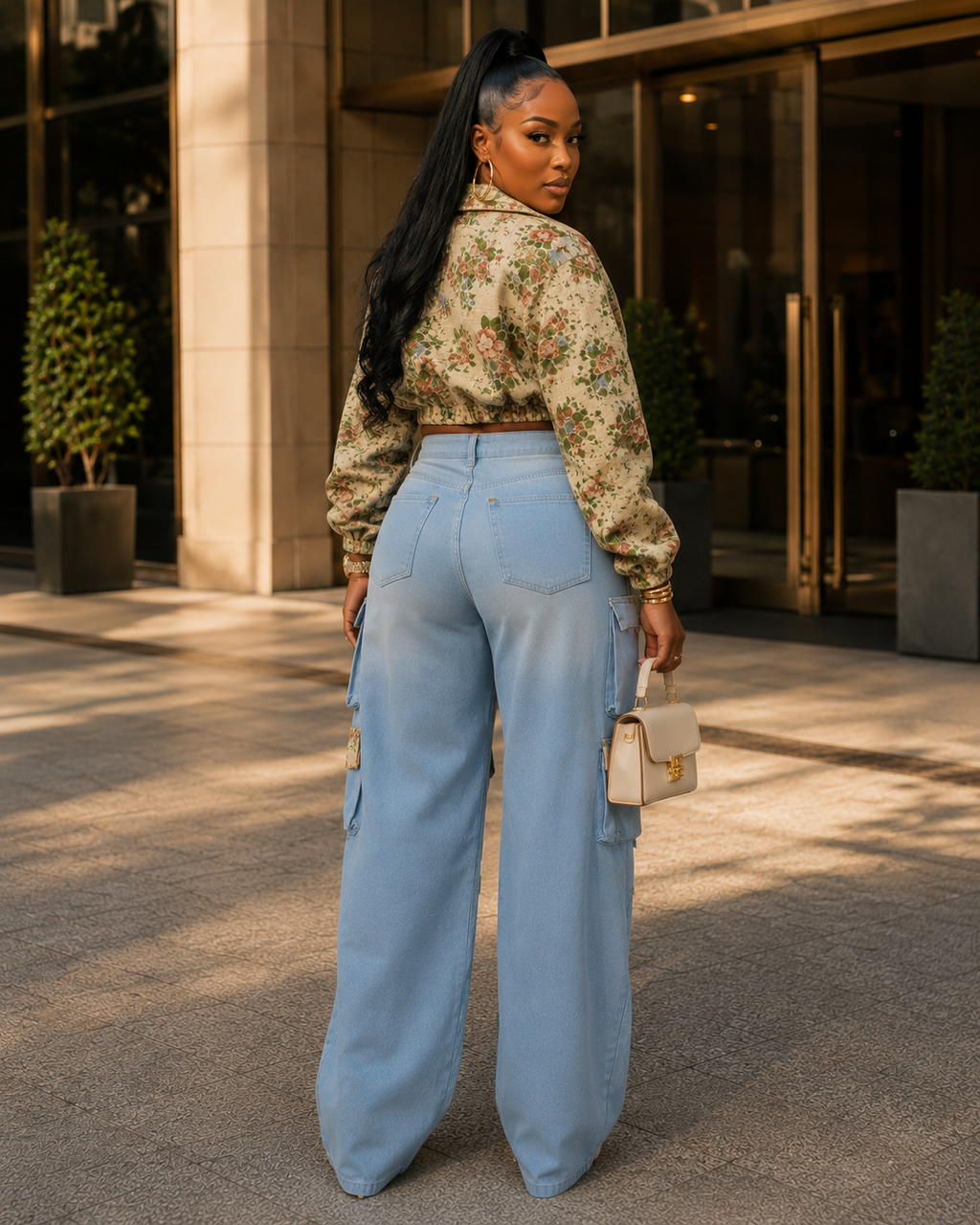 Floral Bomber Crop Jacket & Cargo Patchwork Wide-Leg Jean Set