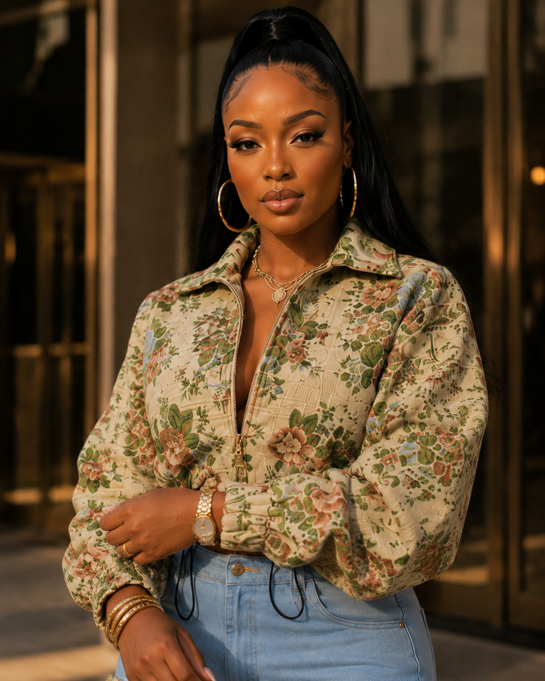 Floral Bomber Crop Jacket & Cargo Patchwork Wide-Leg Jean Set