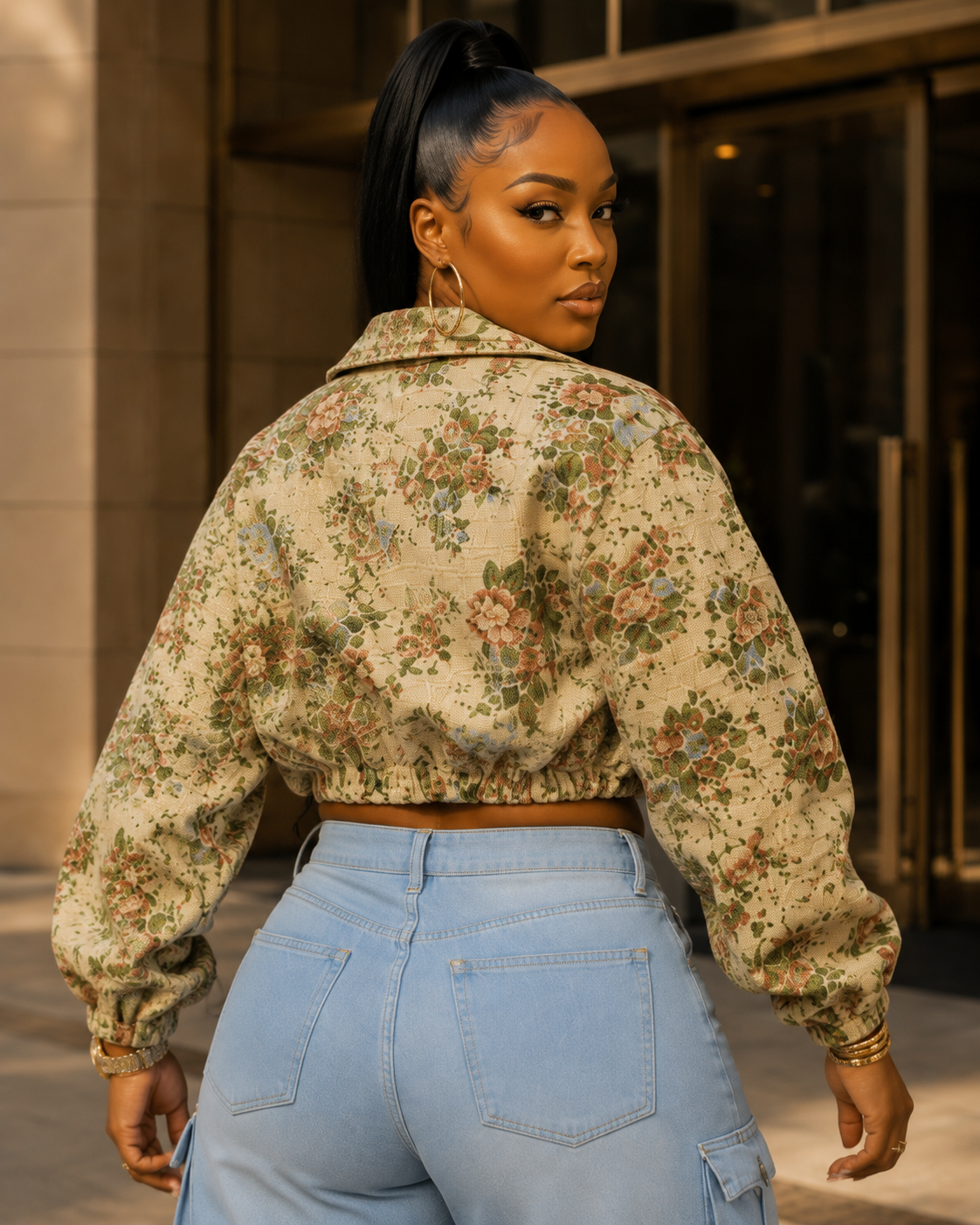 Floral Bomber Crop Jacket & Cargo Patchwork Wide-Leg Jean Set