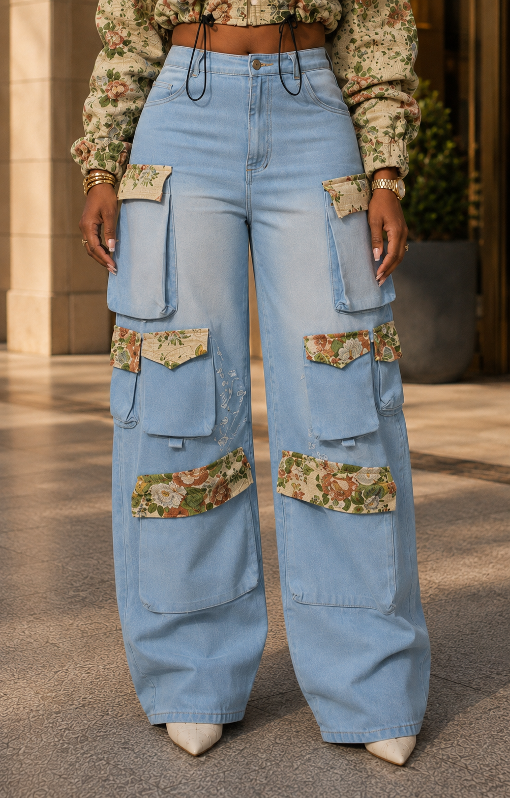 Floral Bomber Crop Jacket & Cargo Patchwork Wide-Leg Jean Set