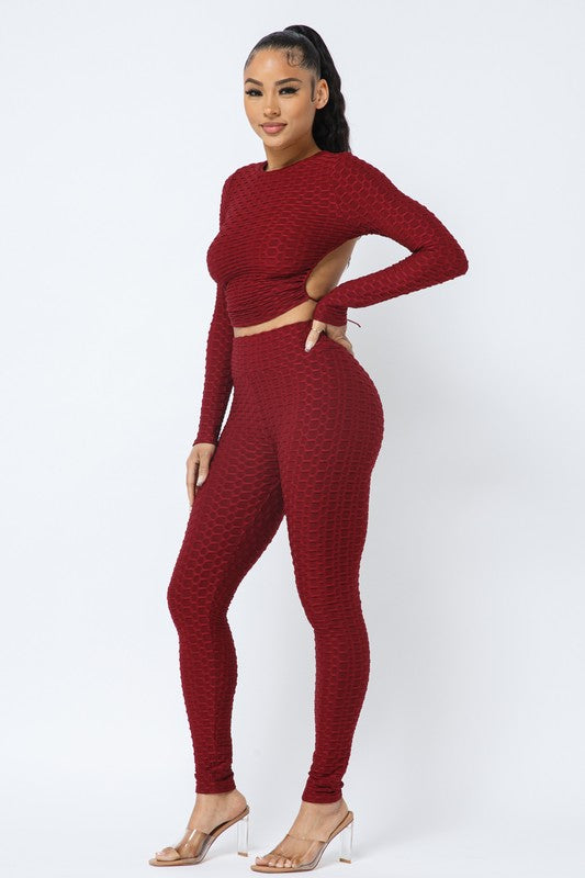 Honeycomb Open Back Leggings Set – Textured 2 Piece Outfit
