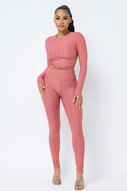 Honeycomb Open Back Leggings Set – Textured 2 Piece Outfit