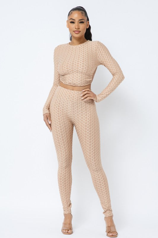 Honeycomb Open Back Leggings Set – Textured 2 Piece Outfit