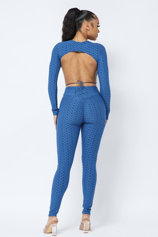 Honeycomb Open Back Leggings Set – Textured 2 Piece Outfit