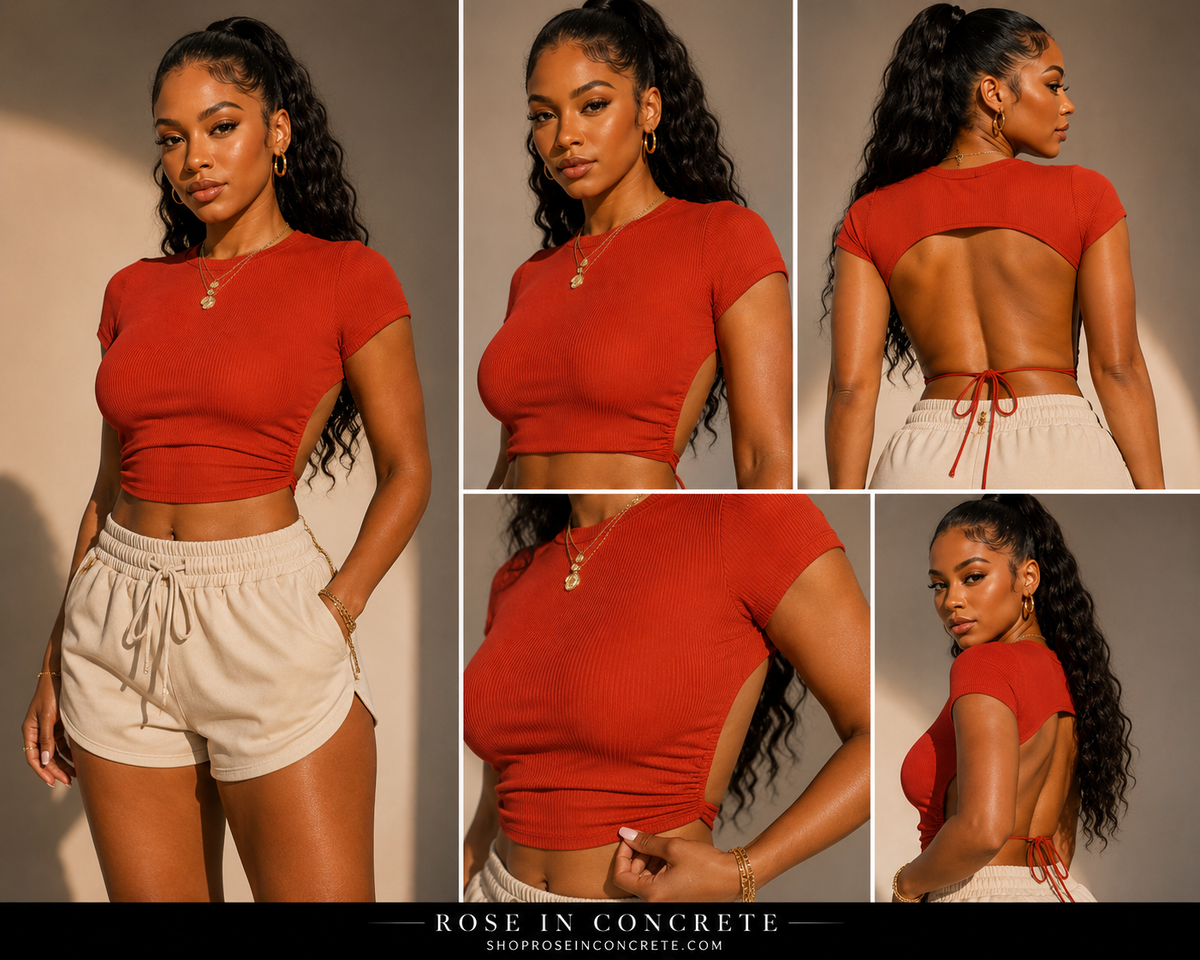 Open Back Tie Crop Top – Ribbed Side Cutout Tee