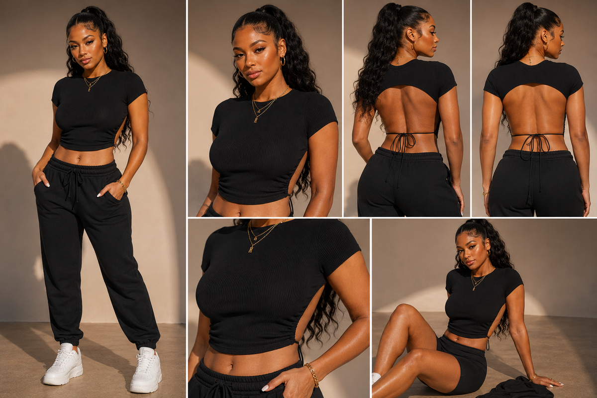 Open Back Tie Crop Top – Ribbed Side Cutout Tee