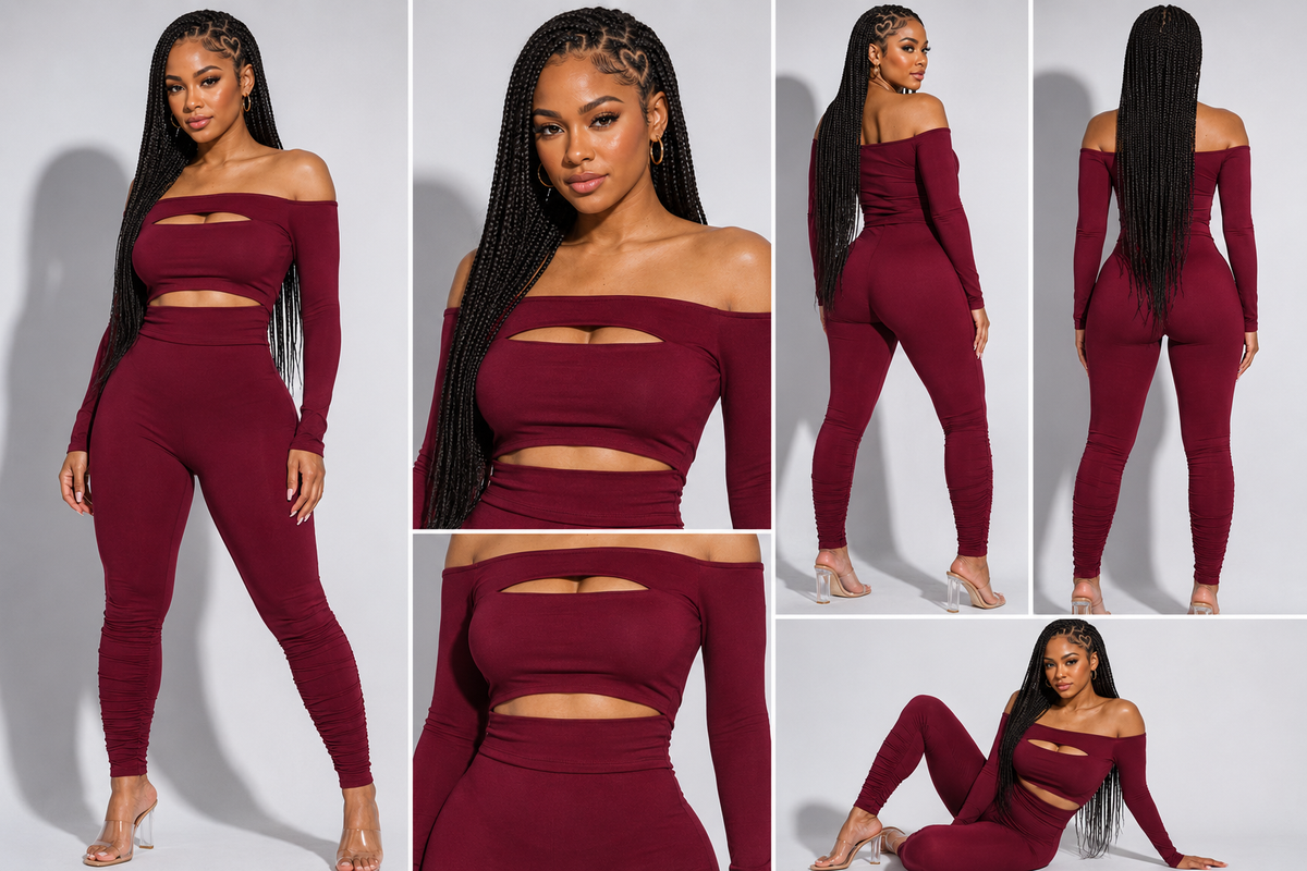Off-Shoulder Ruched Leggings Set – Cutout Crop Top 2 Piece Outfit