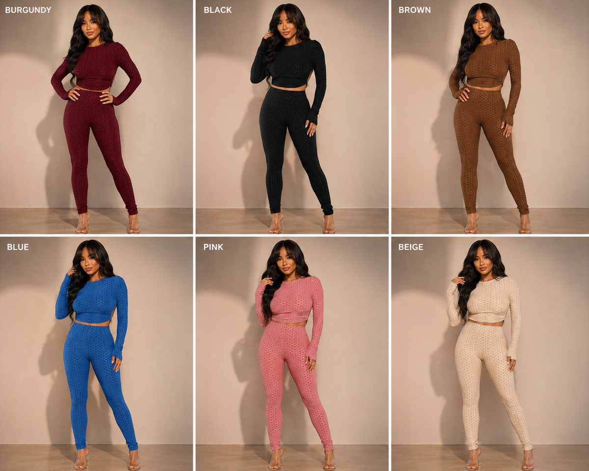 Honeycomb Open Back Leggings Set – Textured 2 Piece Outfit