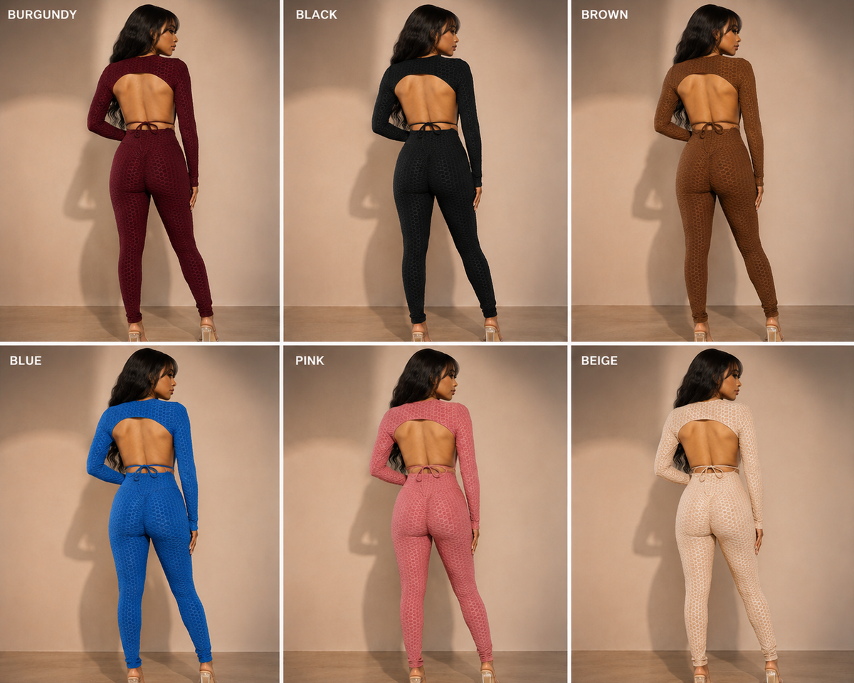 Honeycomb Open Back Leggings Set – Textured 2 Piece Outfit