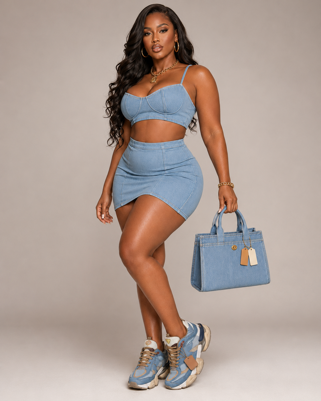 Denim 2-Piece Set | Statement Sneakers + Matching Tote Bag