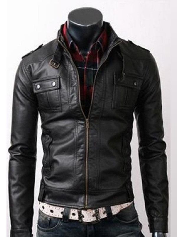 Men’s Black Strap Pocket Biker Leather Jacket – Westside Supply Co.