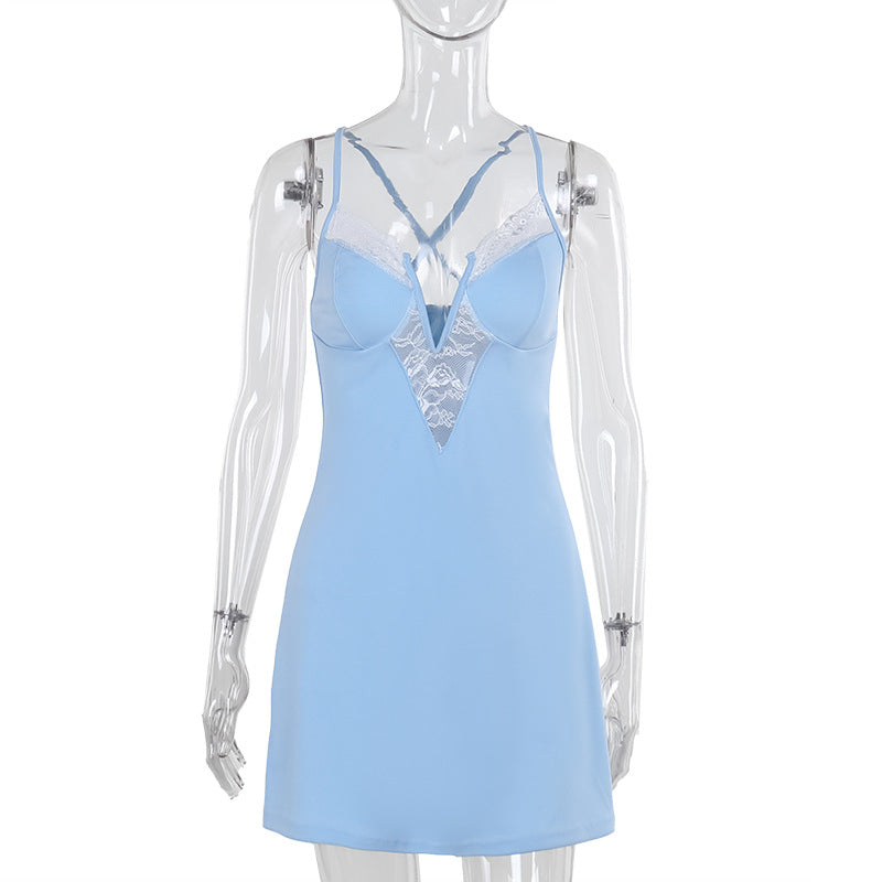 Autumn Classic Elegant Slim Strap Lace V neck Sexy Mini Dress