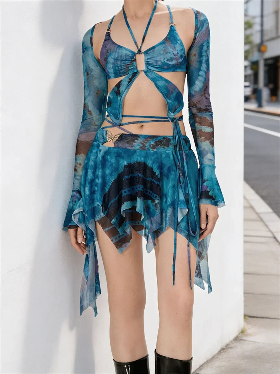 Women 3 Piece Sets Long Sleeve Shrug + Halter Tank Top + Irregular Pleated Skirts Y2K Aesthetic Gothic Sexy Streetwear - product image 1