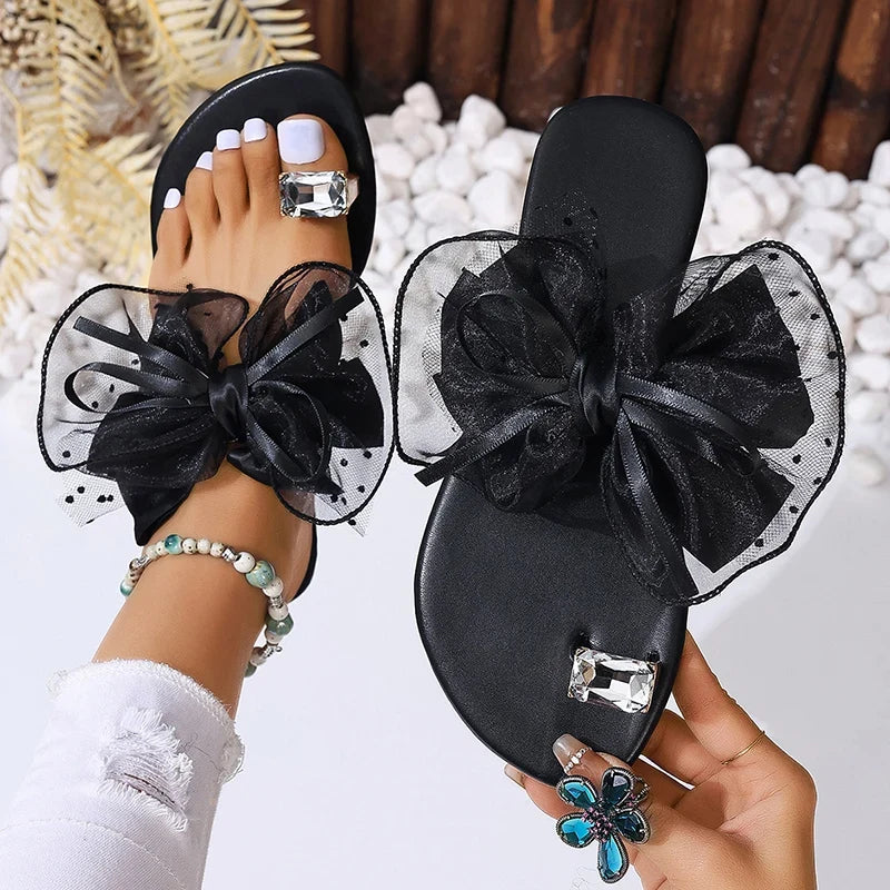 Oversized Organza Bow Platform Thong Sandals