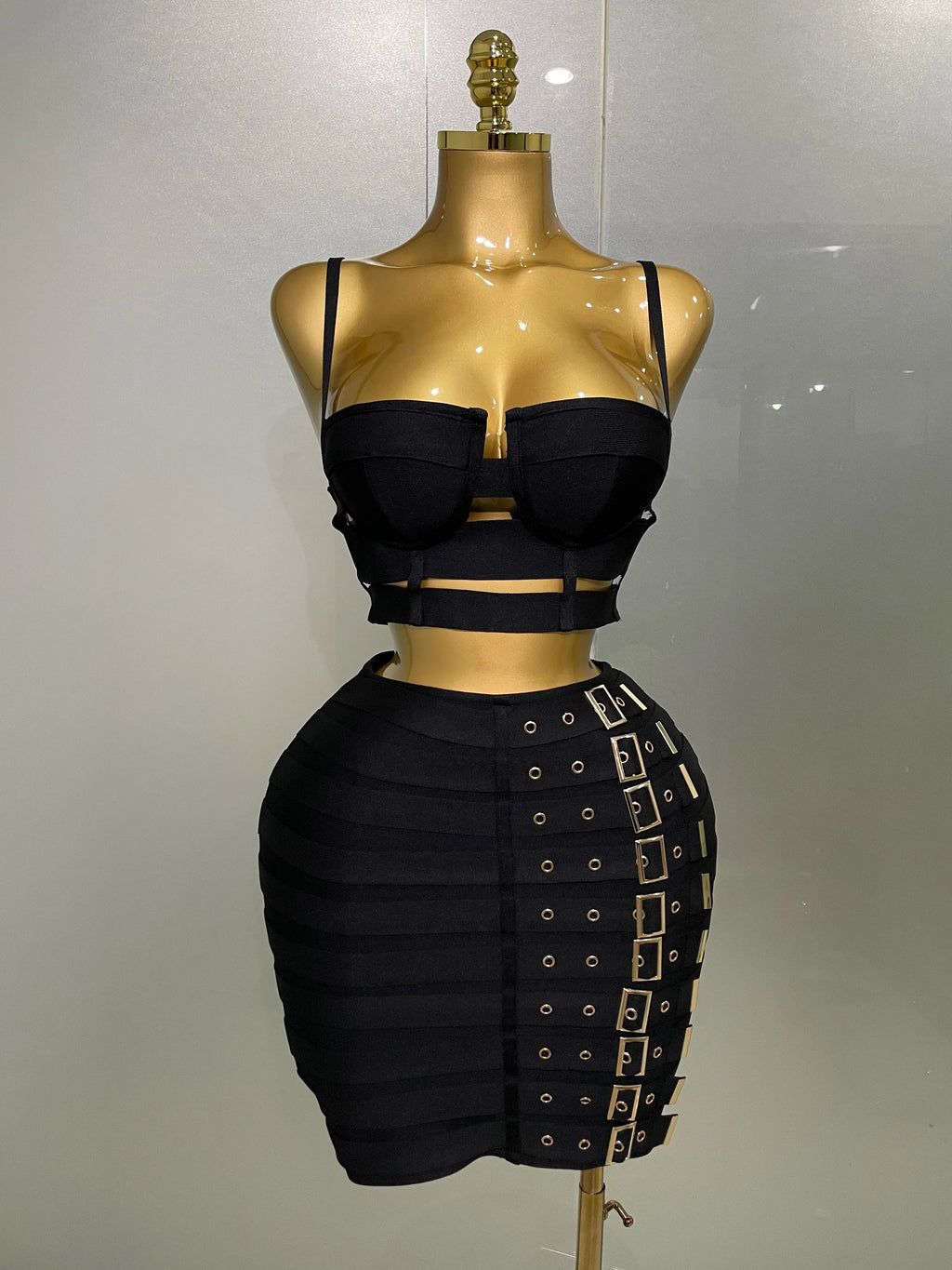 Sculpted Buckle Bandage Bustier & Mini Skirt Set