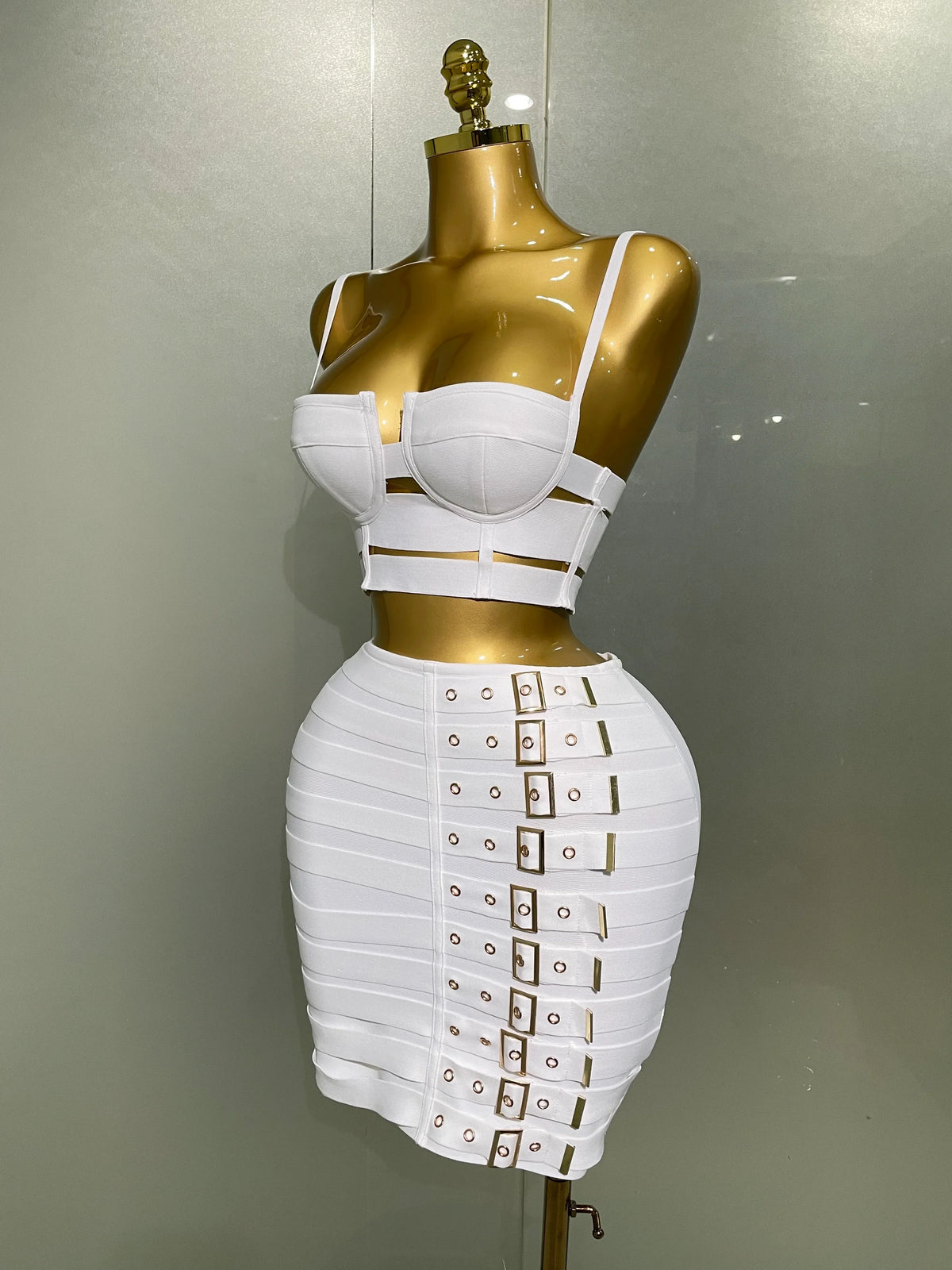 Sculpted Buckle Bandage Bustier & Mini Skirt Set