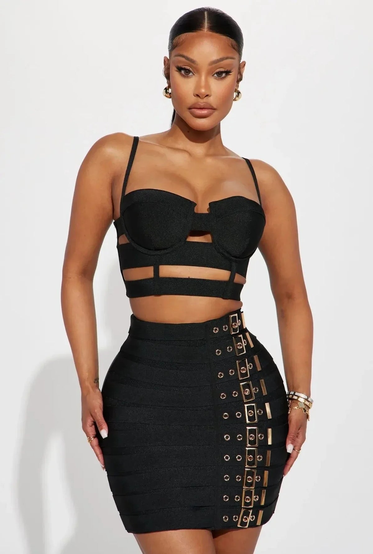 Sculpted Buckle Bandage Bustier & Mini Skirt Set