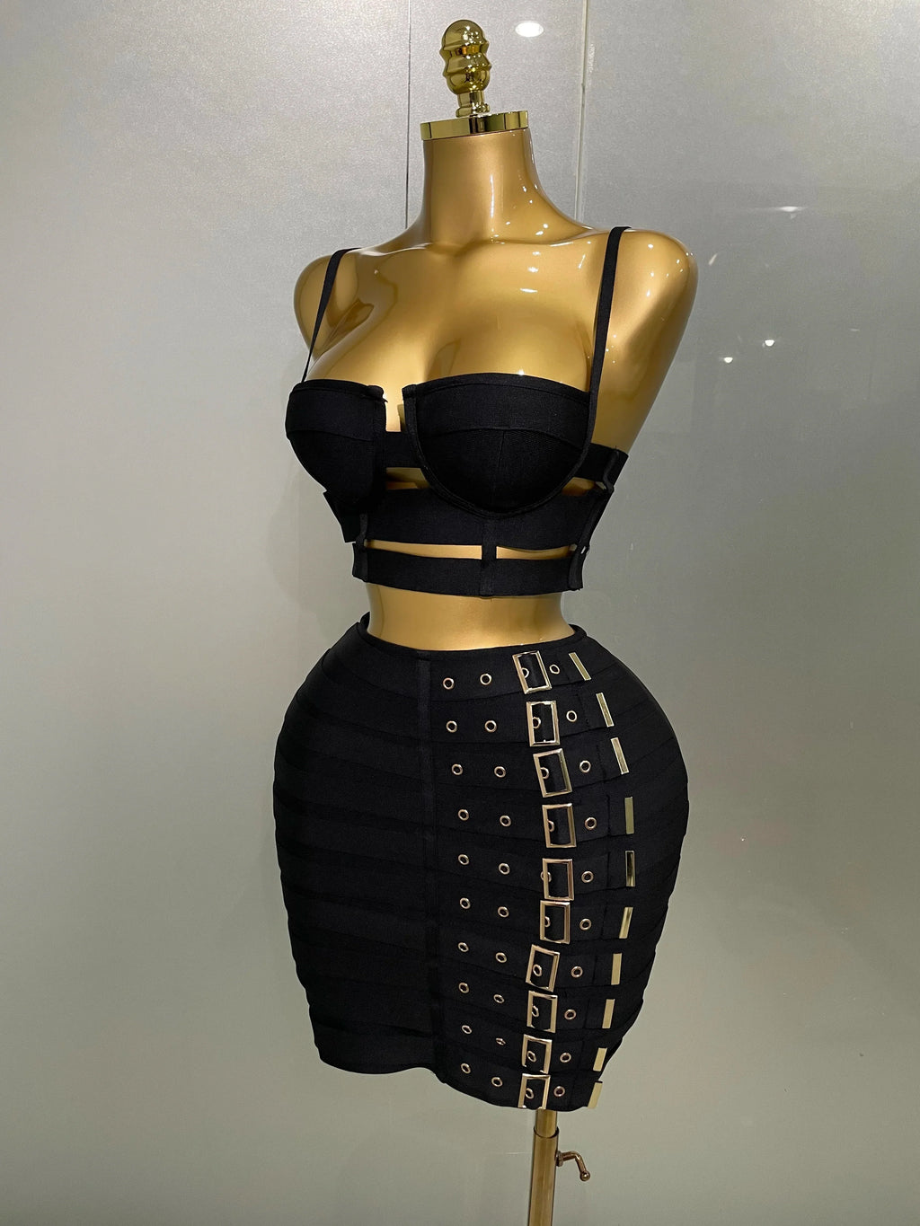 Sculpted Buckle Bandage Bustier & Mini Skirt Set