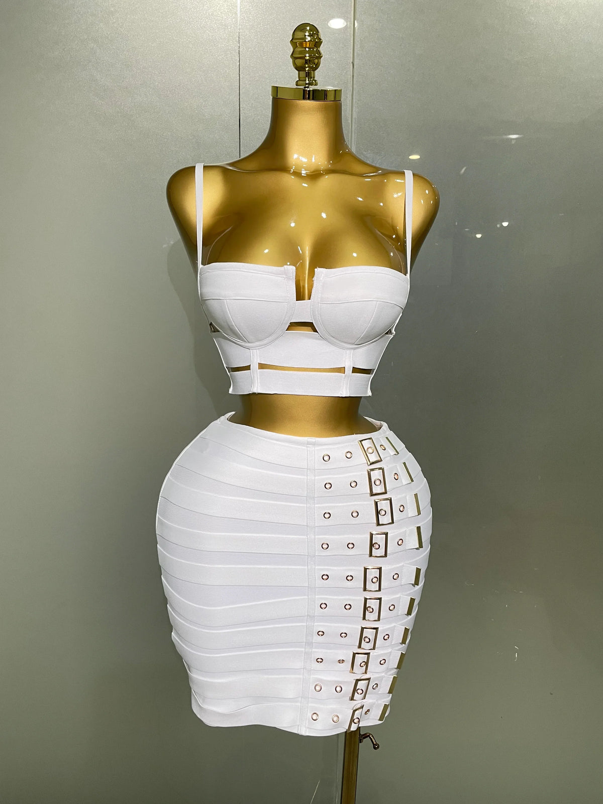 Sculpted Buckle Bandage Bustier & Mini Skirt Set