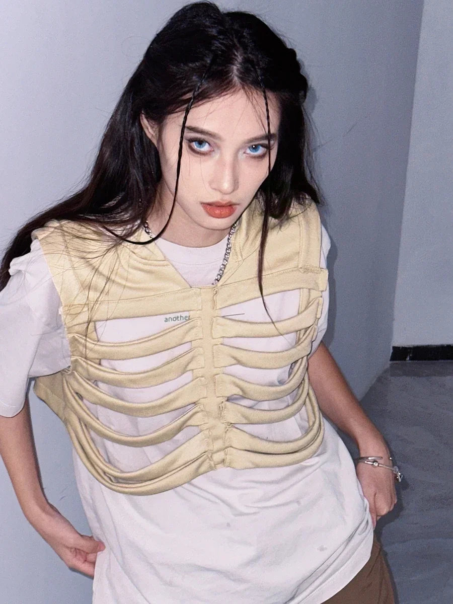 Women Gothic Vest Coat Hollowed Skeletal Gilet Hoodie Sleeveless Hooded Waistcoat Streetwear for Party - product image 5