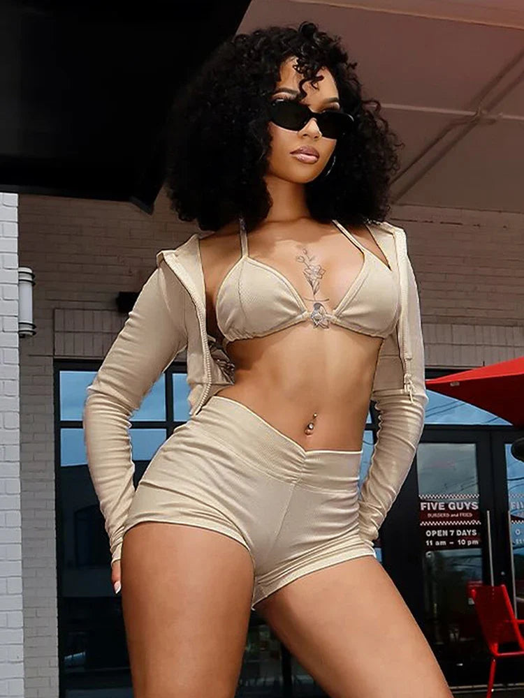 Heartline 3-Piece Halter Bra, Zip Hoodie & Shorts Set