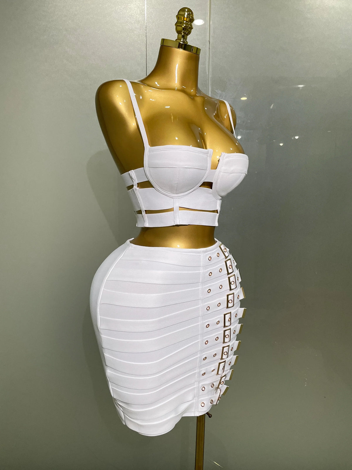 Sculpted Buckle Bandage Bustier & Mini Skirt Set