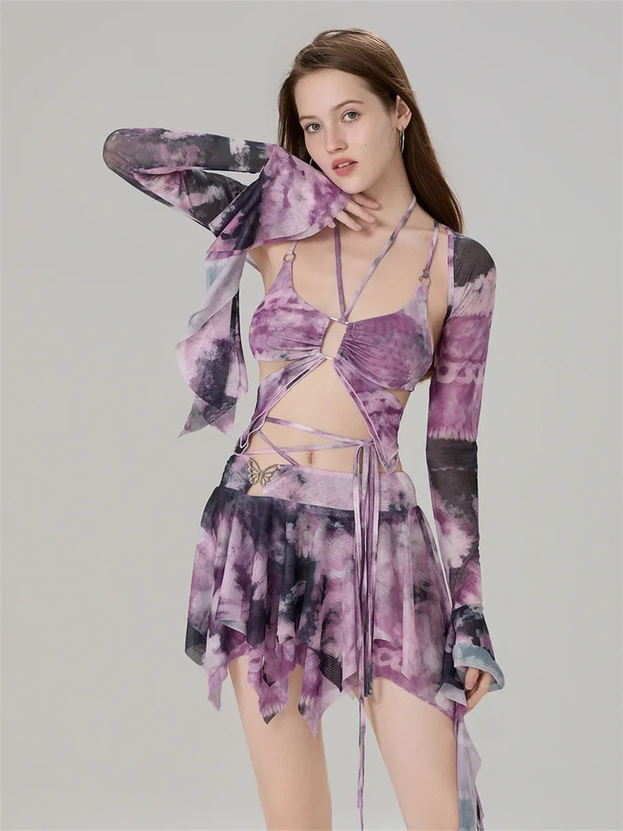 Women 3 Piece Sets Long Sleeve Shrug + Halter Tank Top + Irregular Pleated Skirts Y2K Aesthetic Gothic Sexy Streetwear - product image 6